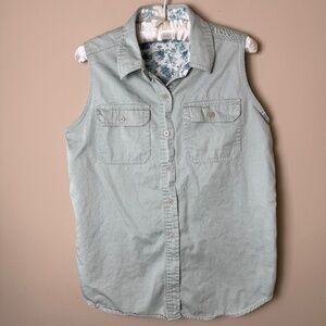 Vintage Twill Sleeveless Button Down Shirt Top Womens M Medium Green Cherokee
